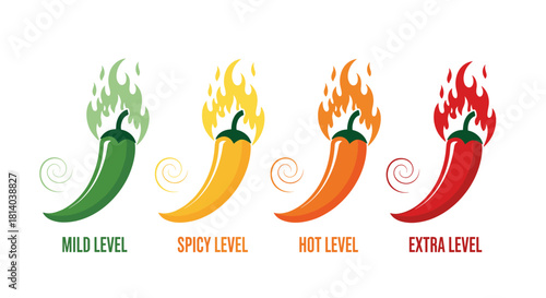 Chili Pepper Heat Scale Illustration Showing Increasing Levels of Spiciness, Mild, Spicy, Hot, and Extra Levels for Food and Cooking, Representing Flavor Intensity and Culinary Heat in Restaurant Menu