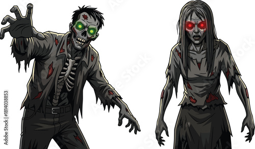Frightening male and female zombies standing set with glowing eyes, tattered clothes, and exposed ribs, perfect for horror games and Halloween graphics.