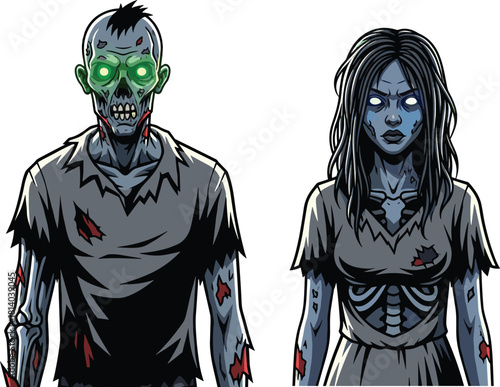 Frightening male and female zombies portrait set with glowing eyes, bloody wounds, and visible ribs, perfect for horror games and Halloween graphics.