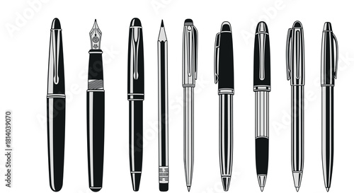 Assortment of Writing Instruments on White Background Rendering: Fountain Pens, Ballpoints & Pencil Displayed for Office Supplies, Education, Journalism Projects, a Sleek Collection for Design Present