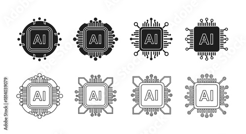 Set of Artificial Intelligence Microchips Circuitry Icons Representing Machine Learning and Data Processing  for Technological Advancement Presentation in Future Technologies, Automation, Computer Sci