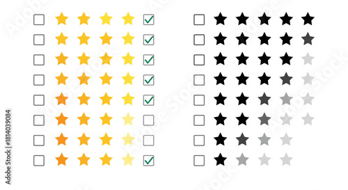 Customer Feedback Survey on White Background Featuring Star Ratings and Checkmarks, for User Experience Testing, Review Evaluation, and Online Satisfaction Assessment. Concept for Website Feedback, Ma