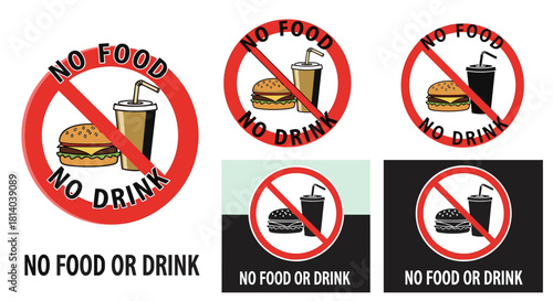 No Food or Drink Allowed Signs for Health Safety & Prohibition: Warning Symbol Against Eating, Drinking in Restricted Areas, with Red Circle & Slash, Promoting Cleanliness & Compliance, Graphic Resour