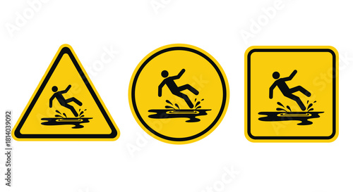 Caution Slippery Surface Signage: Indicating Hazards in Yellow Triangle, Circle, and Square - Workplace Safety, Risk Prevention, Occupational Health, Floor Safety, Warning Symbol for Accidents & Injur