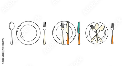 Elegant Table Setting for Fine Dining Event: Modern Place Setting Arrangement for Formal Dinner, Catering Service, or Restaurant Menu Presentation – Featuring Plates, Silverware, Cutlery, and Utensils
