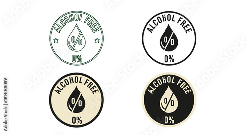 Four Alcohol-Free Product Labels Showcase Zero Percent ABV for Health-Conscious Consumers, Promoting Wellness and Clear Choices in Food & Beverage Marketing Materials, Ideal for Packaging, Advertising