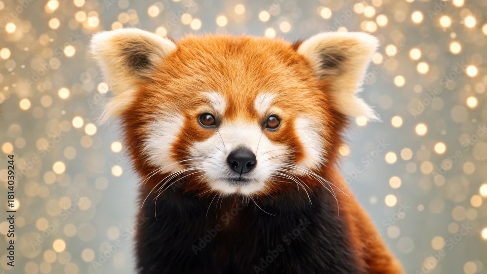 Fototapeta premium Animal skin in Christmas concept. Captivating close-up of a red panda with a dreamy bokeh background.