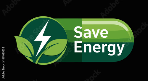 Save Energy Concept Graphic Symbolizing Eco-Friendly Power and Sustainability with Green Leaf and Lightning Bolt Icon Set on Modern Dark Background, Ideal for Presentation on Environmental Conservatio