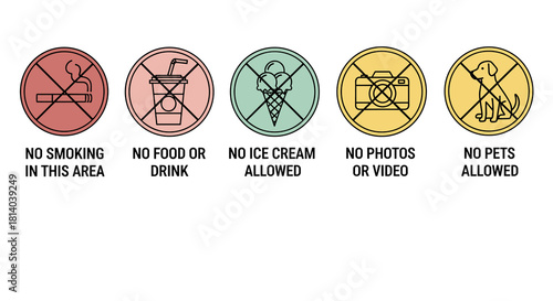 Set of Restriction Signs Indicating Prohibited Activities on White Backdrop: No Smoking, Food, Drink, Ice Cream, Photos, Video, or Pets Allowed in Area for Maintaining Cleanliness and Order, Ideal for