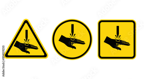 Warning Signage: Hand Injury Hazard in Industrial Workplace - Cautionary Symbol for Machinery Operation, Safety Protocol & Accident Prevention in Manufacturing & Construction, Risk Communication, Ergo