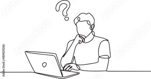thoughtful young man working on laptop at workplace having some questions. line icon-continuous line drawing. one line Icon drawing with white background