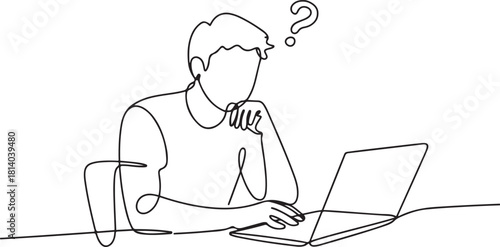 thoughtful young man working on laptop at workplace having some questions. line icon-continuous line drawing. one line Icon drawing with white background