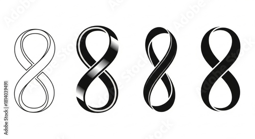 Infinity Symbol Silhouette Vector Showing Stylistic Variations — Thin Line, Thick Banded, Twisted, Intersected

