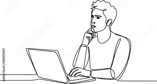 thoughtful young man working on laptop at workplace having some questions. line icon-continuous line drawing. one line Icon drawing with white background