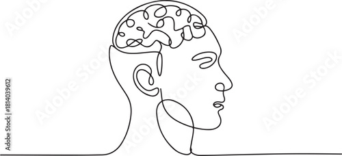 Continuous one line drawing men head and brain inside. The concept of thinking ideas inside the person's head. one line Icon drawing with white background