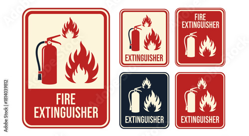 Fire Extinguisher Safety Icons Alerting of Fire Hazards in Commercial Buildings & Emergency Situations, Providing Prevention & Protection Advice for Workplace Safety, Business & Education Signs, Graph