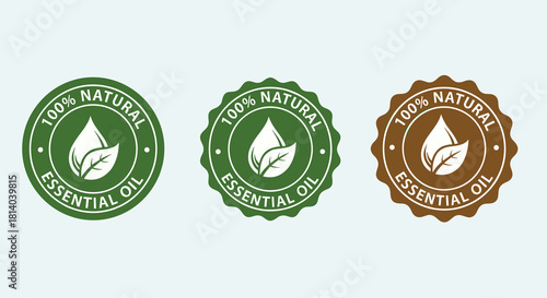 Authentic Natural Essential Oil Badges Promoting Wellness and Organic Lifestyle on Light Backdrop, Ideal for Health Presentations, Aromatherapy Marketing, and Herbal Product Websites Displaying Green