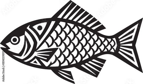 A striking black and white illustration of a stylized rohu fish design