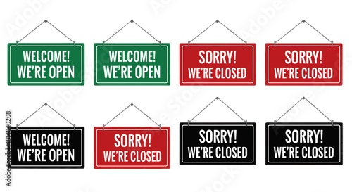 Business Storefront Signs Indicating Open and Closed Status for Retail, Restaurants, and Services: Modern Shop Welcome and Closed Notices for Doors, Windows, Advertising, Marketing, Presentations, and