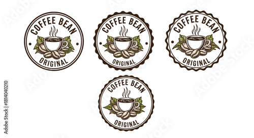 Original Coffee Bean Logos for Cafe Branding and Marketing: Vintage Style Badges with Coffee Cup, Leaves, and Beans for Drink Promotion, Restaurant Menu Design, and Beverage Advertising in Traditional