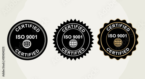 ISO 9001 Certified Seals Set: Quality Assurance Icons for Business Excellence, Global Standards Compliance, and Trust. Ideal for Marketing Materials, Presentations, and Website Badges to Show Reliabil