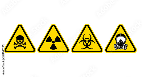 Hazardous Materials Warning Signs: A Set of Four Yellow and Black Triangular Safety Alerts Depicting Toxicity, Radioactivity, Biohazard, and Gas Mask Symbols for Workplace Safety, Dangerous Goods, Eme