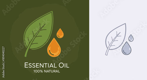 Illustrative Essential Oil Logo Concept Representing Aromatherapy and Holistic Wellness: Depicting a Fresh Green Leaf and Golden Oil Drops in a Natural, Organic Style for Healthcare Marketing Material