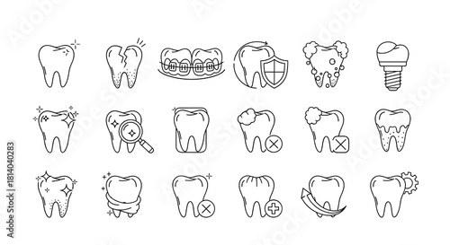 Dental Health Icons Set Illustrating Tooth Care and Treatment in a Clinical Setting for Dentistry Practices:  A Collection of Oral Hygiene, Braces, Implants, Cavities, Decay Prevention, Cleanliness, a