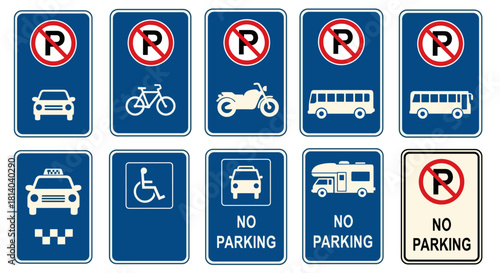 Various Traffic and Parking Regulations Signs in Blue and White - Informational Road Signs for Cars, Bikes, Motorcyles, Taxis, Buses, and RVs - Traffic Management Symbols for Transportation Regulation