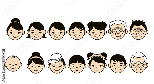 Diverse Cartoon Family Faces Representing Generational Stages Illustration, Showing Baby, Children, Adults, Elderly Characters in a Row for Education, Healthcare, Business Presentations and Creative D
