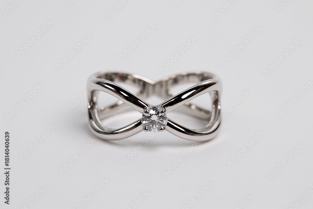 Fototapeta premium Silver infinity diamond ring on white background