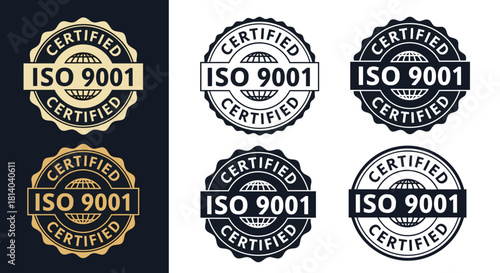 ISO 9001 Certified Stamp Collection:  Quality Assurance Icons for Global Business Standards & Operational Excellence in Manufacturing, Engineering & Service Industries – Professional Certification Bad