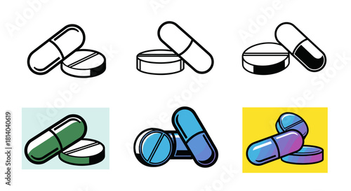 Pharmaceutical Pills and Capsules Illustration Set for Medical Treatment Promotion: Representing Healthcare, Medication, and Wellness in a Modern, Clean, and Professional Style for Presentations and W