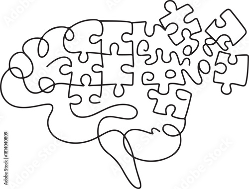 folded puzzle and confused thinking brain, continuous line. Disorder, chaos, confusion and order, mental balance, calm in thoughts. one line Icon drawing with white background