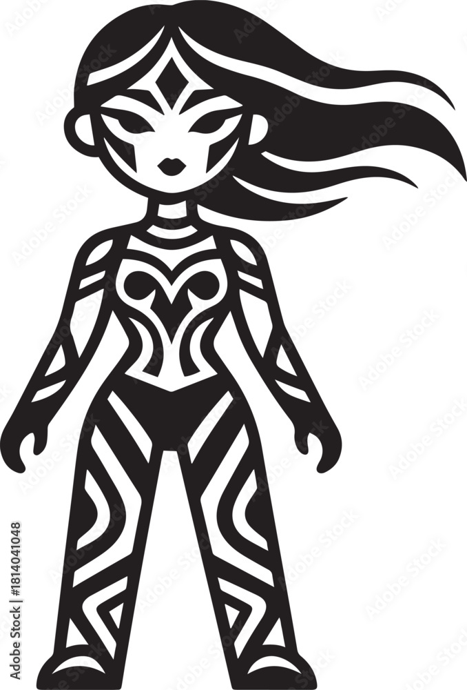 Fototapeta premium A stylized black and white illustration of a woman with tribal patterns
