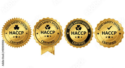 HACCP Food Safety System Certification Assurance: Professional Gold Seals Displaying Quality Control Compliance & Standards for Business Marketing on Website, Presentation or Product Packaging for Hea