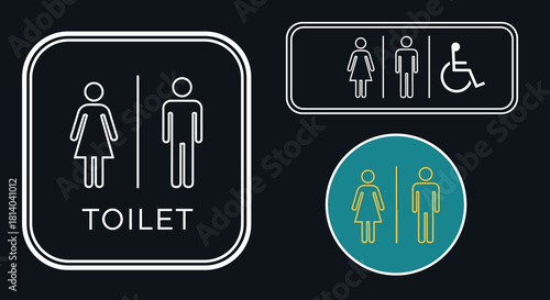 Modern Restroom Signage Collection: Streamlined Lavatory Icons Indicating Male, Female, and Accessible Facilities for Public Spaces, Clean Design for Wayfinding and Compliance in Commercial and Corpor