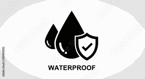 Waterproof Protection Assurance Concept: Black Graphic of Liquid Drops with Shield Symbolizing Resistant, Durable, Reliable Seal Technology for Engineering, Construction, and Product Design Presentati