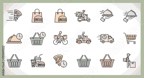 Fast Food Delivery Icons Set Illustrating Quick Service and Shopping Cart: Modern Line Art Graphic Elements for Online Ordering, Restaurant Marketing & Ecommerce, Representing Convenience and Efficien