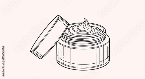Open Jar of Moisturizing Cream Close-up for Skincare Routine Illustration in Minimalist Style, Ideal for Beauty Product Mockups & Cosmetic Brand Advertising, Representing Wellness & Hygiene, Skincare