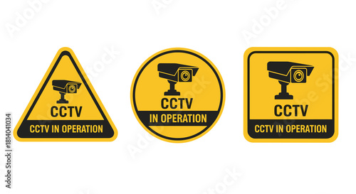 CCTV Surveillance Signs Alerting Security Measures, Video Monitoring, and Area Observation, Placed on Triangle, Circle and Square Yellow Backgrounds for Building Security Systems and Crime Prevention