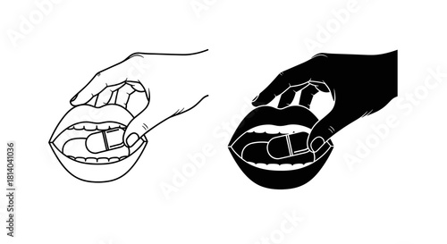 Stylized Hand Administering Medication: Open Mouth Receiving Pill  for Healthcare Treatment in Minimalist Black and White Illustration for Pharmaceutical Marketing Presentation or Addiction Awareness