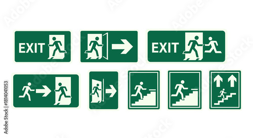 Emergency Exit Signs Directing Evacuation Route for Safety in Green and White Offering Escape Guidance and Evacuation Plans for Workplace Presentation and Building Regulations, Risk Management, Safety