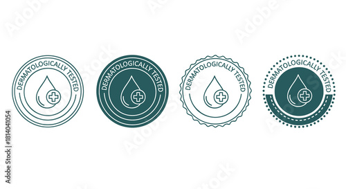 Dermatologically Tested Seals & Logos: Product Safety Assurance for Skincare, Healthcare & Beauty Industries - Modern Line Art Emblems in Teal, Promoting Trust & Confidence in Cosmetics with Clinical