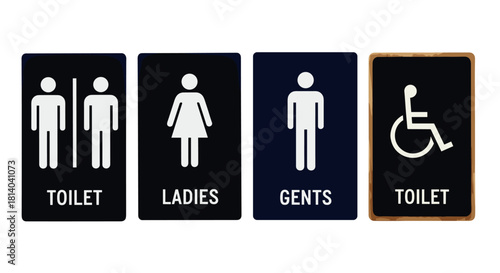 Restroom Signs Set Indicating Toilet, Ladies, Gents, and Accessibility for Universal Use, Showcasing Inclusion in Public Spaces for Gender-Neutral Facilities and Modern Design, Illustrating Hygiene Gu