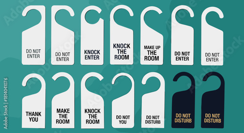 Assorted Hotel Door Hangers Arranged on Teal Backdrop Offering Room Service Options, Privacy Requests, and Guest Communication in a Hospitality Setting (200 chars)
