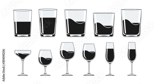 Diverse Glasses with Liquid Filling Illustration: Exploring Fluid Dynamics in Various Shapes, Reflecting Balance and Perspective for Culinary Arts, Barware Design, or Creative Drink Visualizations, Of