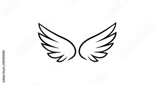 Elegant minimalist illustration of symmetrical angel wings in black and white outline style