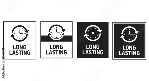 Long Lasting Durability Icons for Product Assurance and Time Management on White Background, Emphasizing Reliability and Endurance for Business Presentations and Marketing Materials, Simple Style, Bla