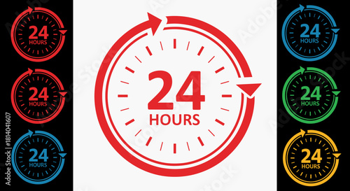 24 Hour Service Available Around the Clock Operation Icons Set Representing Continuous Assistance and Support for Business Needs, Providing Customers Help Anytime in Modern, Colorful Graphics and Illu
